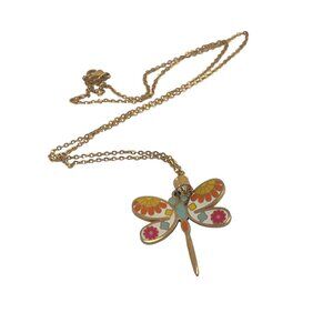 Dragonfly Pendant Necklace With Vibrant Floral Design & Gold Chain